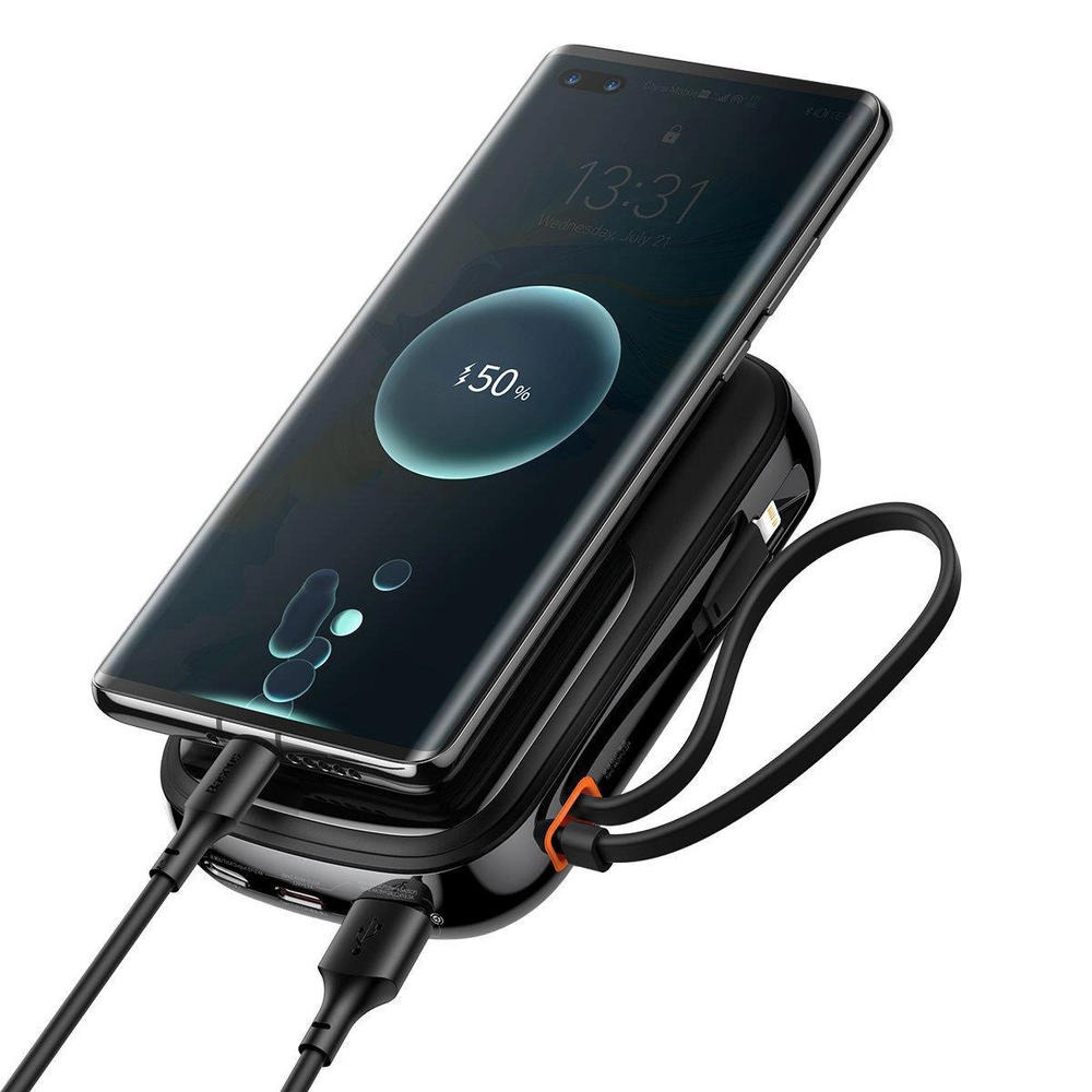 Baseus Qpow Digital Ekranas Fast Charging Power Bank 10000mAh 22.5W QC/PD/SCP/FCP with Built-in USB-C Cable Juodas - OUTLET (Atnaujinta)