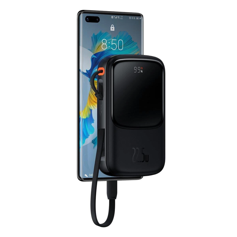 Baseus Qpow Digital Ekranas Fast Charging Power Bank 10000mAh 22.5W QC/PD/SCP/FCP with Built-in USB-C Cable Juodas - OUTLET (Atnaujinta)