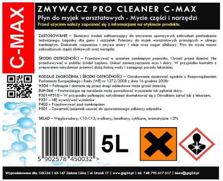 PRO CLEANER C-MAX 5L techninė etiketė