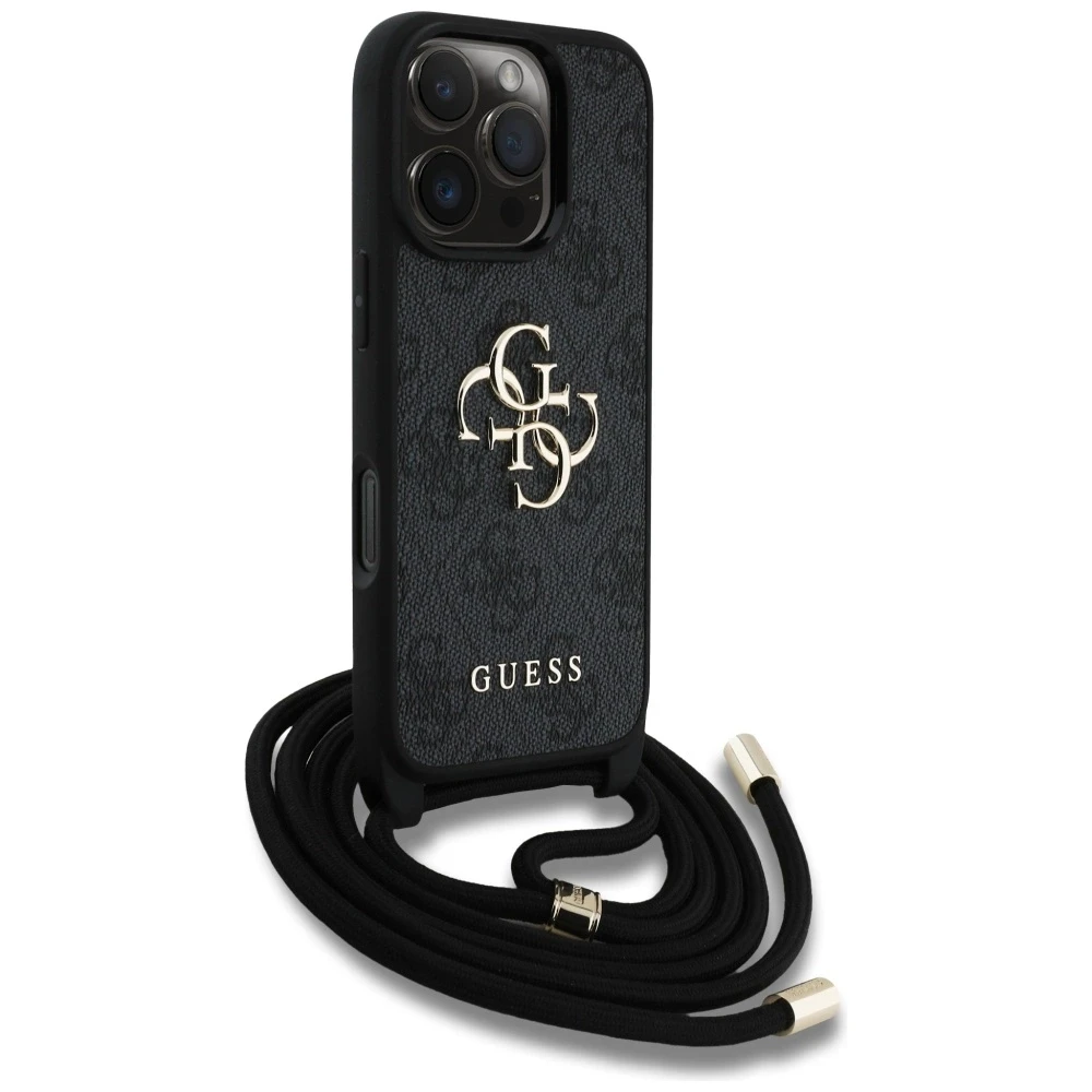 Dėklas Guess 4G Big Logo Cord Stap Crossbody Apple iPhone 16 Pro juodos spalvos