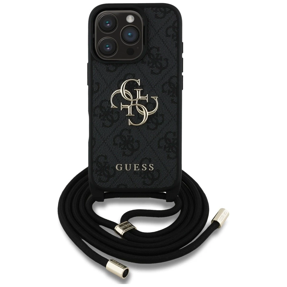 Dėklas Guess 4G Big Logo Cord Stap Crossbody Apple iPhone 16 Pro juodos spalvos