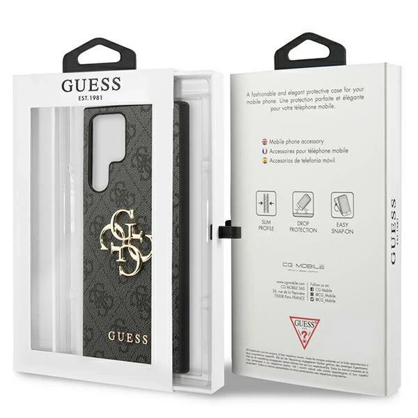 Guess PU 4G Metal Logo dėklas skirtas Samsung Galaxy S24 Ultra pilkos spalvos