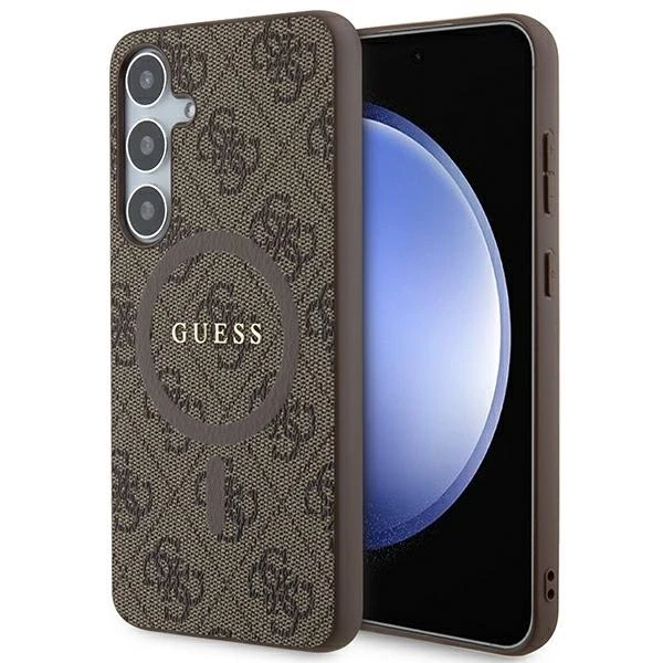 Samsung Galaxy S24 Plus Guess dėklas 4G Collection odinis Metal Logo MagSafe (GUHMS24MG4GFRW) rudos spalvos