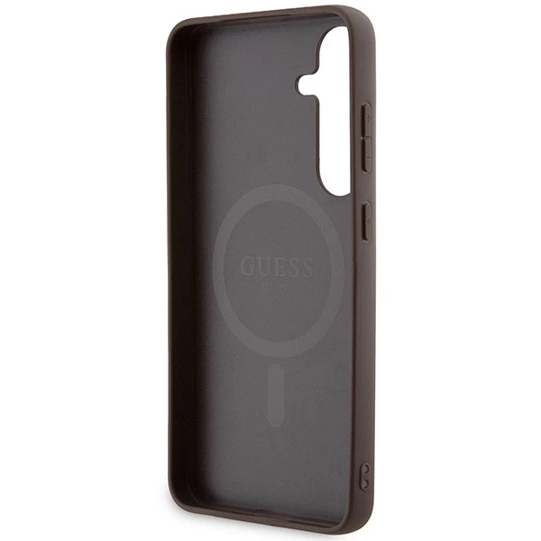 Samsung Galaxy S24 Plus Guess dėklas 4G Collection odinis Metal Logo MagSafe (GUHMS24MG4GFRW) rudos spalvos