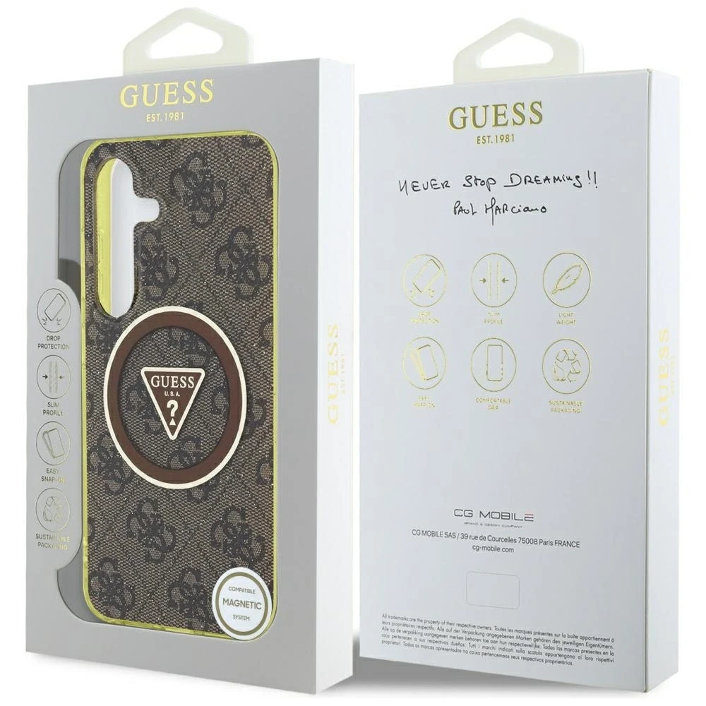 Dėklas Guess 4G Glitter Triangle Mygtukai MagSafe Samsung Galaxy S25 rudos spalvos