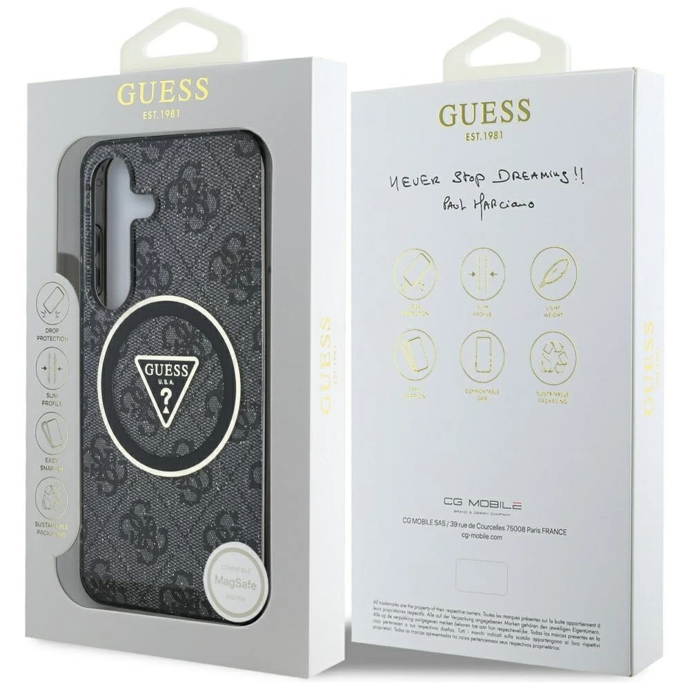Guess 4G Glitter Triangle Mygtukai MagSafe Samsung Galaxy S25 Plus dėklas telefonui juodos spalvos