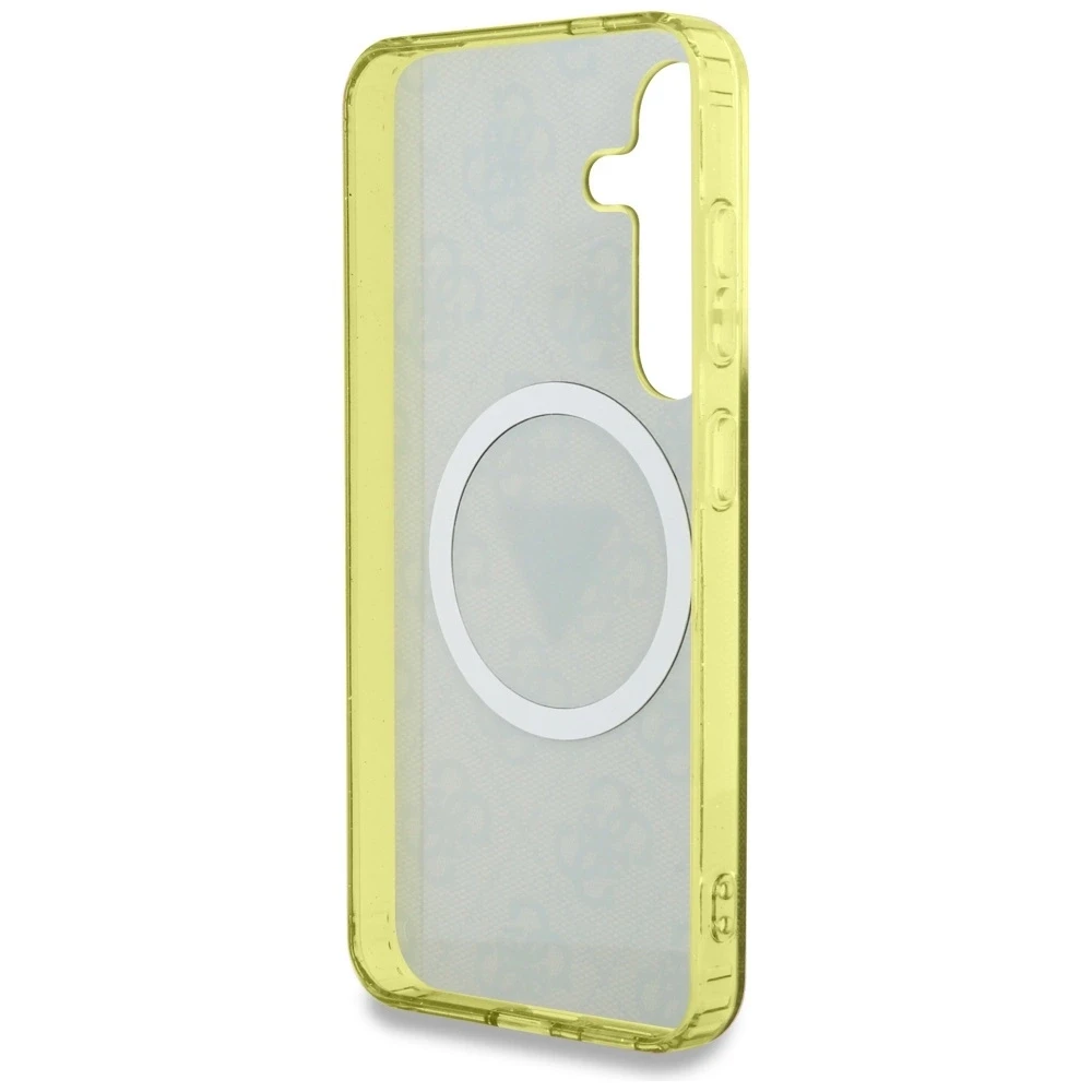 Dėklas Guess 4G Glitter Triangle Mygtukai MagSafe Samsung Galaxy S25 rudos spalvos