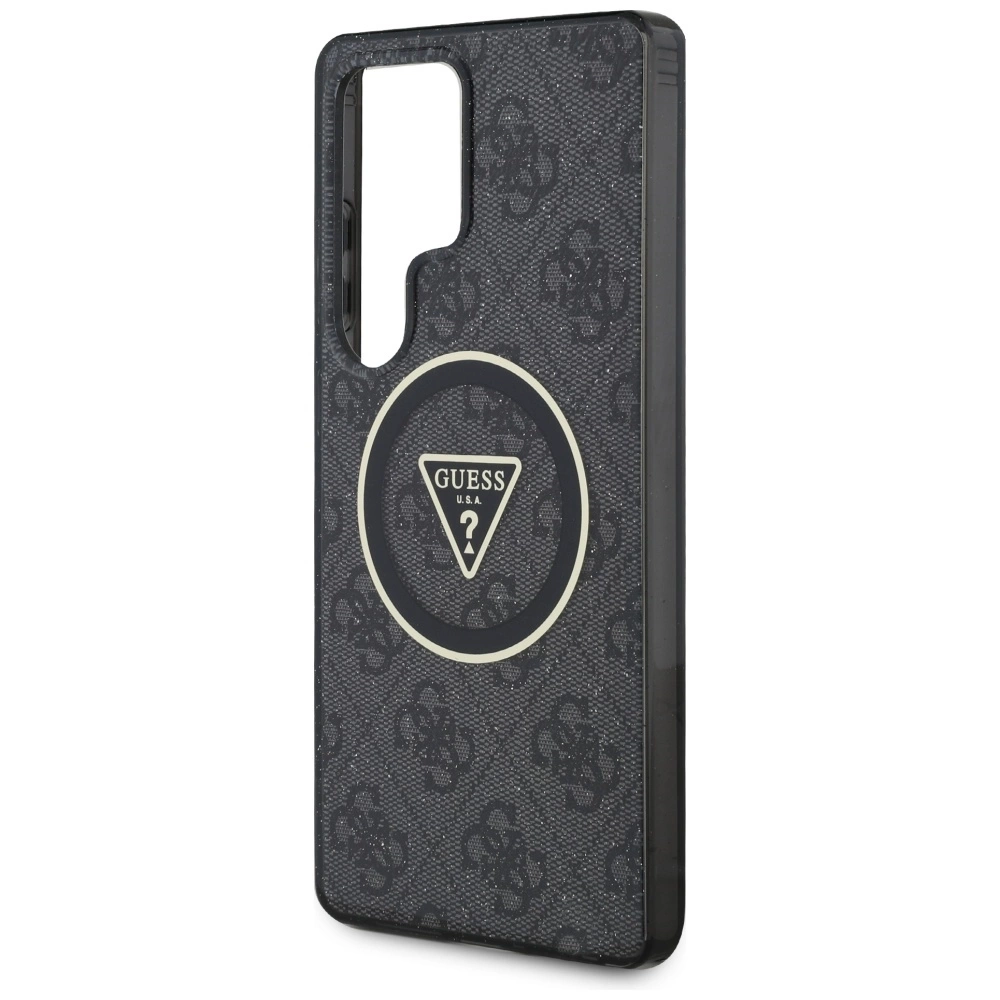 Guess 4G Glitter Triangle Mygtukai MagSafe Samsung Galaxy S25 Ultra dėklas telefonui juodos spalvos