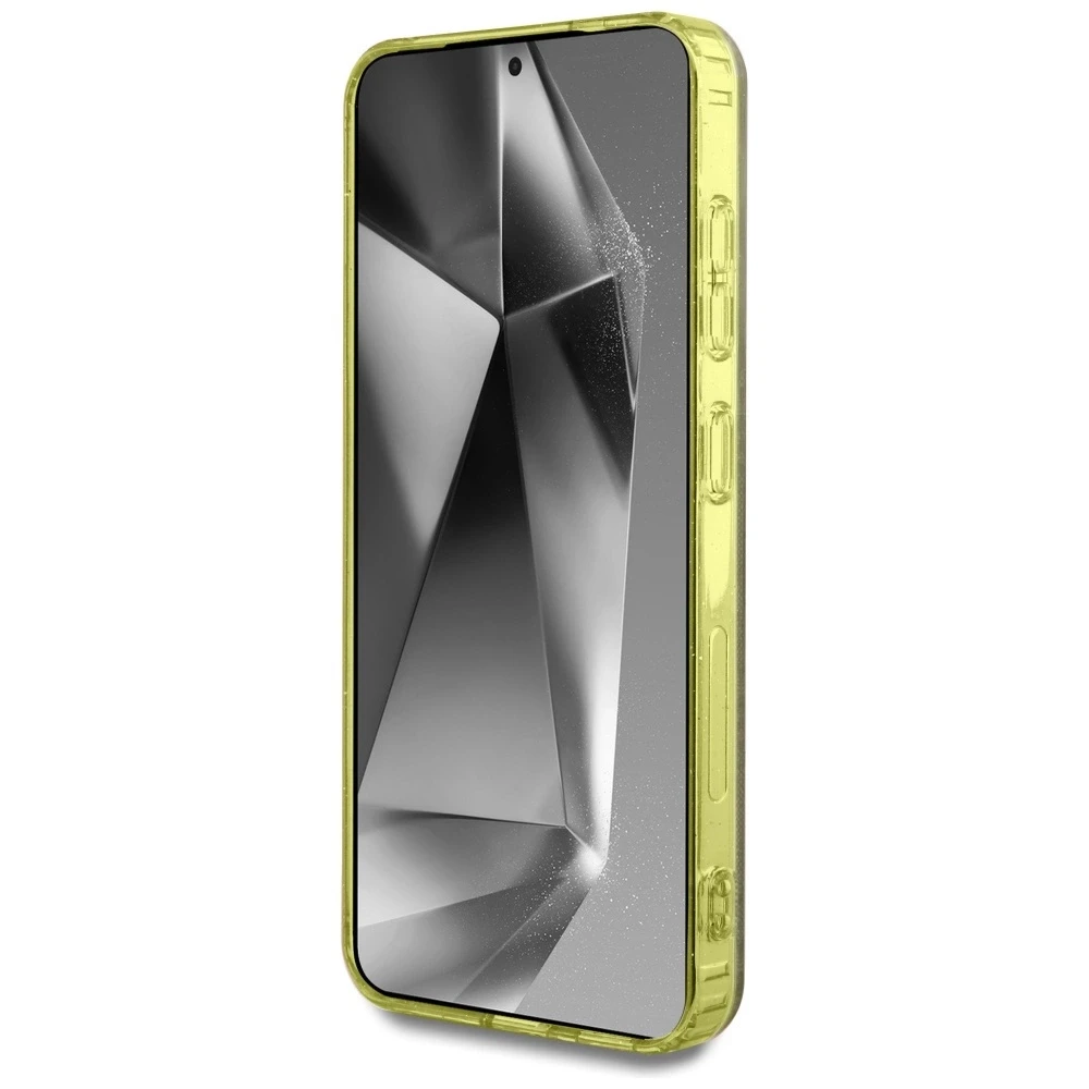 Dėklas Guess 4G Glitter Triangle Mygtukai MagSafe Samsung Galaxy S25 rudos spalvos