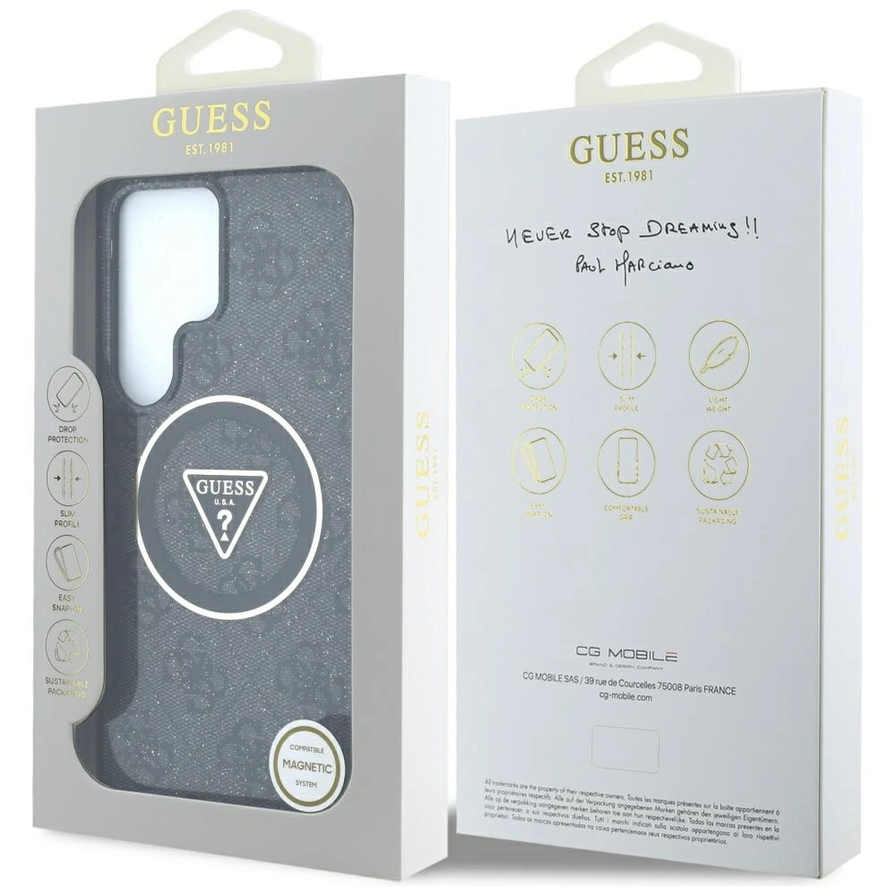 Guess 4G Glitter Triangle Mygtukai MagSafe Samsung Galaxy S25 Ultra dėklas telefonui juodos spalvos