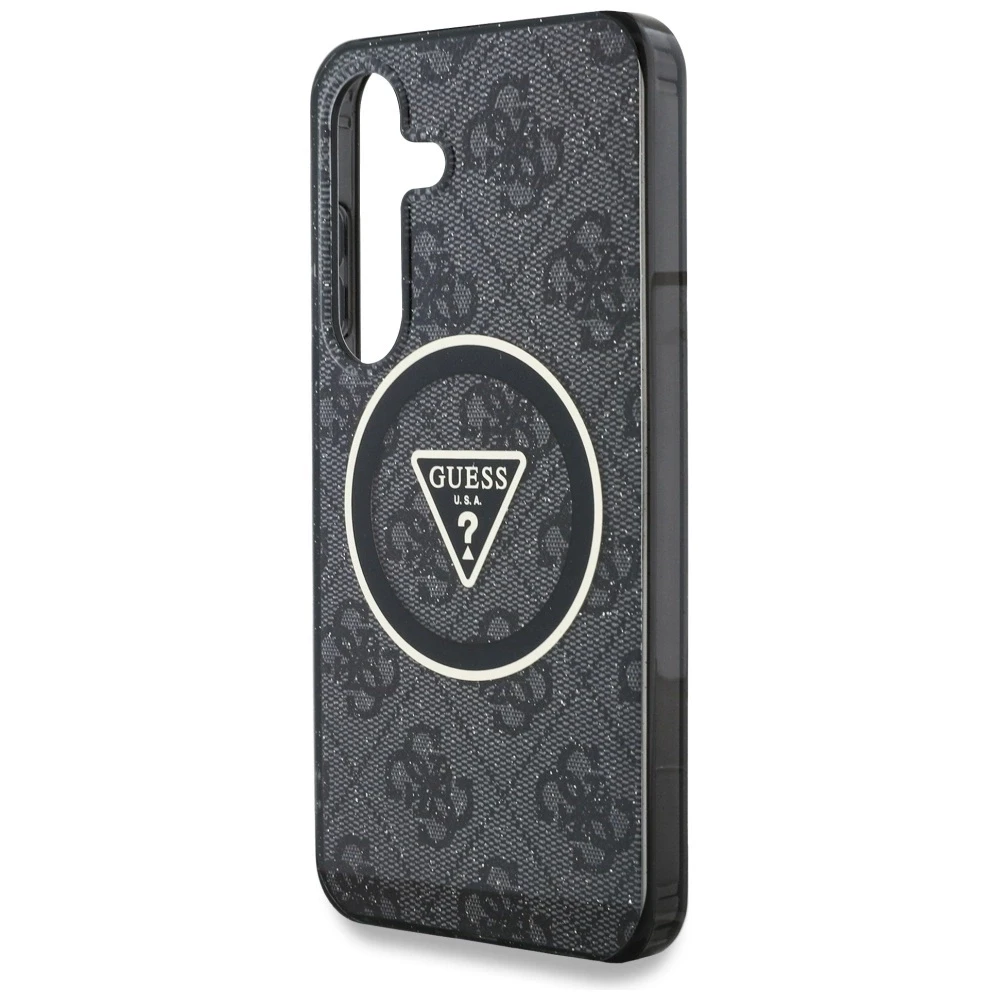 Guess 4G Glitter Triangle Mygtukai MagSafe Samsung Galaxy S25 dėklas telefonui juodos spalvos