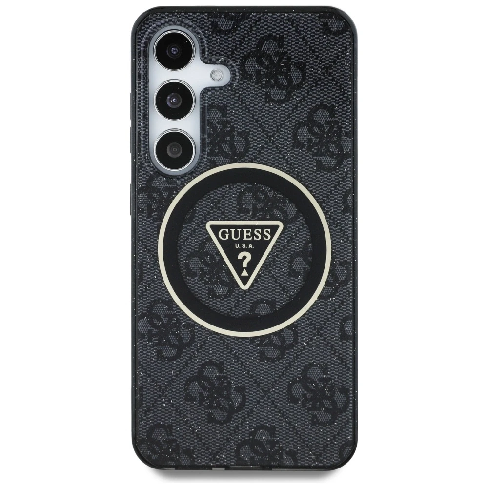 Guess 4G Glitter Triangle Mygtukai MagSafe Samsung Galaxy S25 Plus dėklas telefonui juodos spalvos
