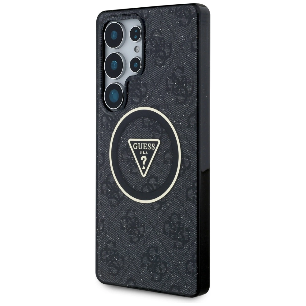 Guess 4G Glitter Triangle Mygtukai MagSafe Samsung Galaxy S25 Ultra dėklas telefonui juodos spalvos