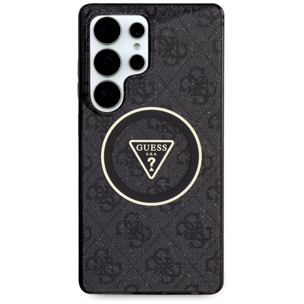 Guess 4G Glitter Triangle Mygtukai MagSafe Samsung Galaxy S25 Ultra dėklas telefonui juodos spalvos