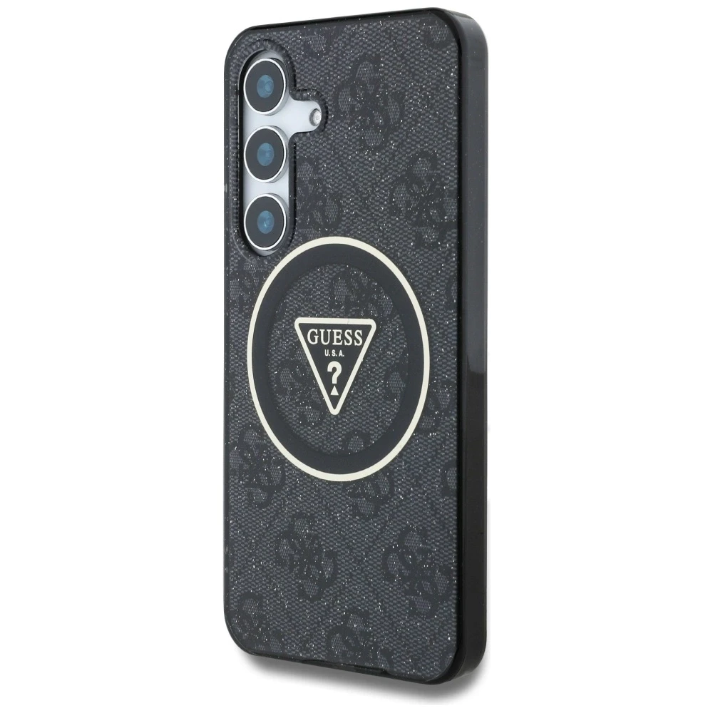 Guess 4G Glitter Triangle Mygtukai MagSafe Samsung Galaxy S25 Plus dėklas telefonui juodos spalvos