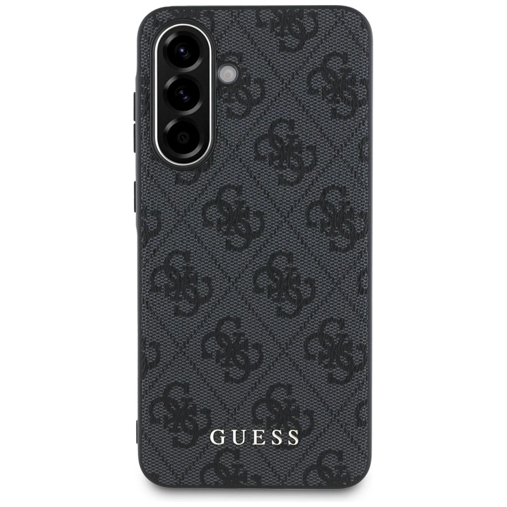 Guess 4G Metal dėklas telefonui aukso spalvos Logo Samsung Galaxy A36 - dėklas telefonui juodos spalvos