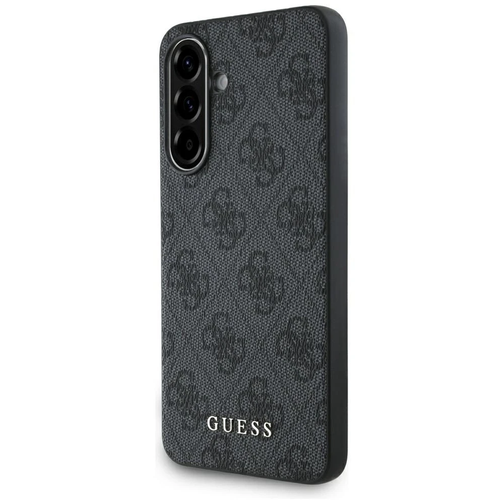 Guess 4G Metal dėklas telefonui aukso spalvos Logo Samsung Galaxy A36 - dėklas telefonui juodos spalvos