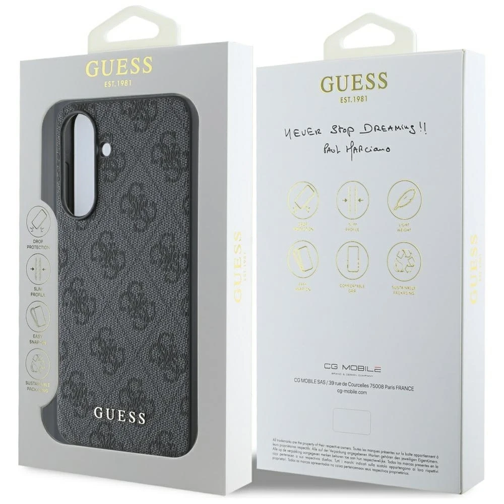 Guess 4G Metal dėklas telefonui aukso spalvos Logo Samsung Galaxy A36 - dėklas telefonui juodos spalvos