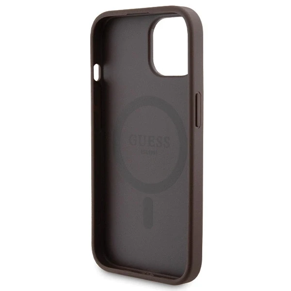 Rinkinys Guess GUBPM5P15S4GEMGW Apple iPhone 15 6.1" kietas dėklas + išorinė baterija 5000mAh MagSafe rudos spalvos 4G metalinis logotipas
