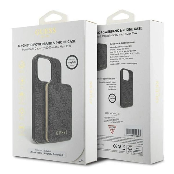 Guess GUBPM5P14L4GEMGK komplektas Apple iPhone 14 Pro 6.1" kietas dėklas + išorinė baterija 5000mAh MagSafe juodos spalvos 4G su jungtimi