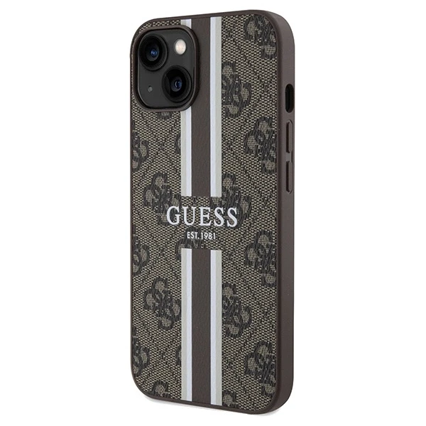 Apple iPhone 13 / 14 / 15 Guess dėklas 4G Printed Stripes MagSafe (GUHMP15SP4RPSW) rudos spalvos