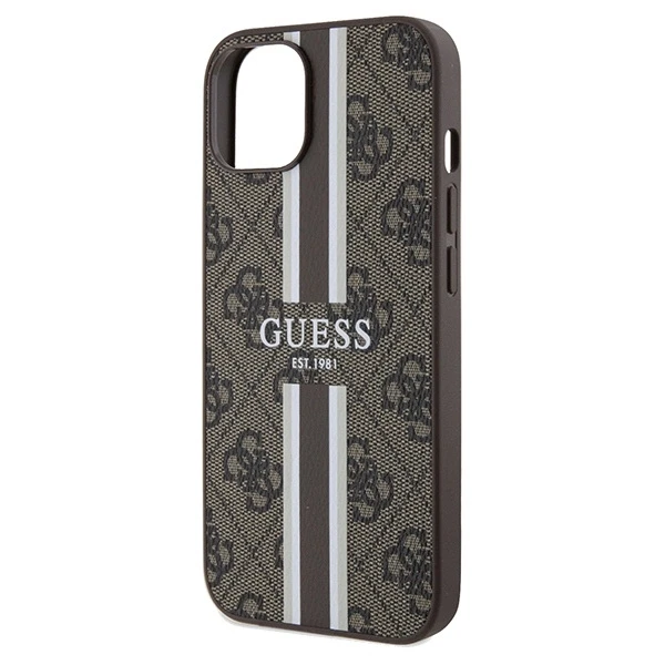 Apple iPhone 13 / 14 / 15 Guess dėklas 4G Printed Stripes MagSafe (GUHMP15SP4RPSW) rudos spalvos