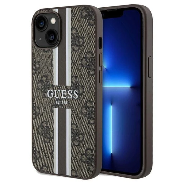 Apple iPhone 13 / 14 / 15 Guess dėklas 4G Printed Stripes MagSafe (GUHMP15SP4RPSW) rudos spalvos