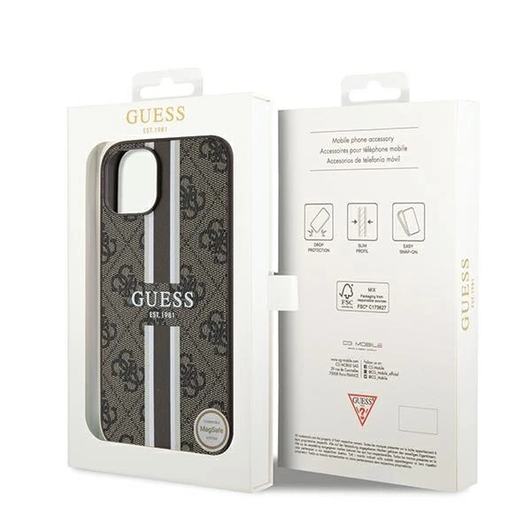 Apple iPhone 13 / 14 / 15 Guess dėklas 4G Printed Stripes MagSafe (GUHMP15SP4RPSW) rudos spalvos