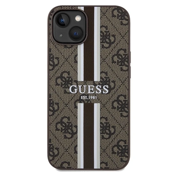 Apple iPhone 13 / 14 / 15 Guess dėklas 4G Printed Stripes MagSafe (GUHMP15SP4RPSW) rudos spalvos