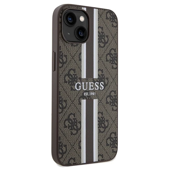 Apple iPhone 13 / 14 / 15 Guess dėklas 4G Printed Stripes MagSafe (GUHMP15SP4RPSW) rudos spalvos