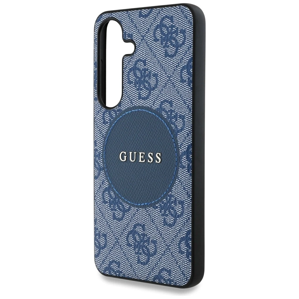 Guess 4G Round Patch Classic Logo MagSafe Samsung Galaxy S25 Plus dėklas telefonui mėlynos spalvos