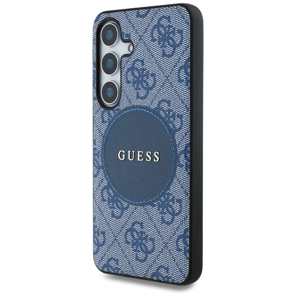 Guess 4G Round Patch Classic Logo MagSafe Samsung Galaxy S25 Plus dėklas telefonui mėlynos spalvos