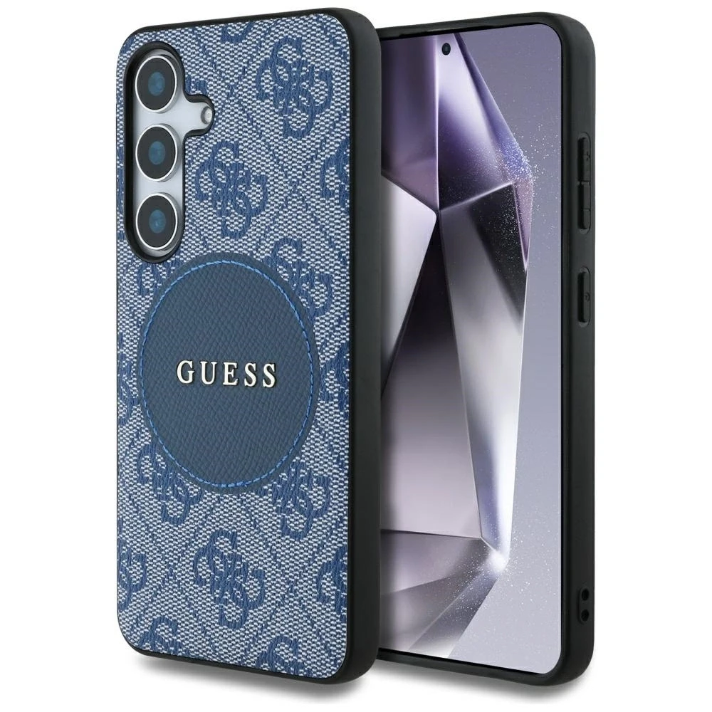 Guess 4G Round Patch Classic Logo MagSafe Samsung Galaxy S25 Plus dėklas telefonui mėlynos spalvos