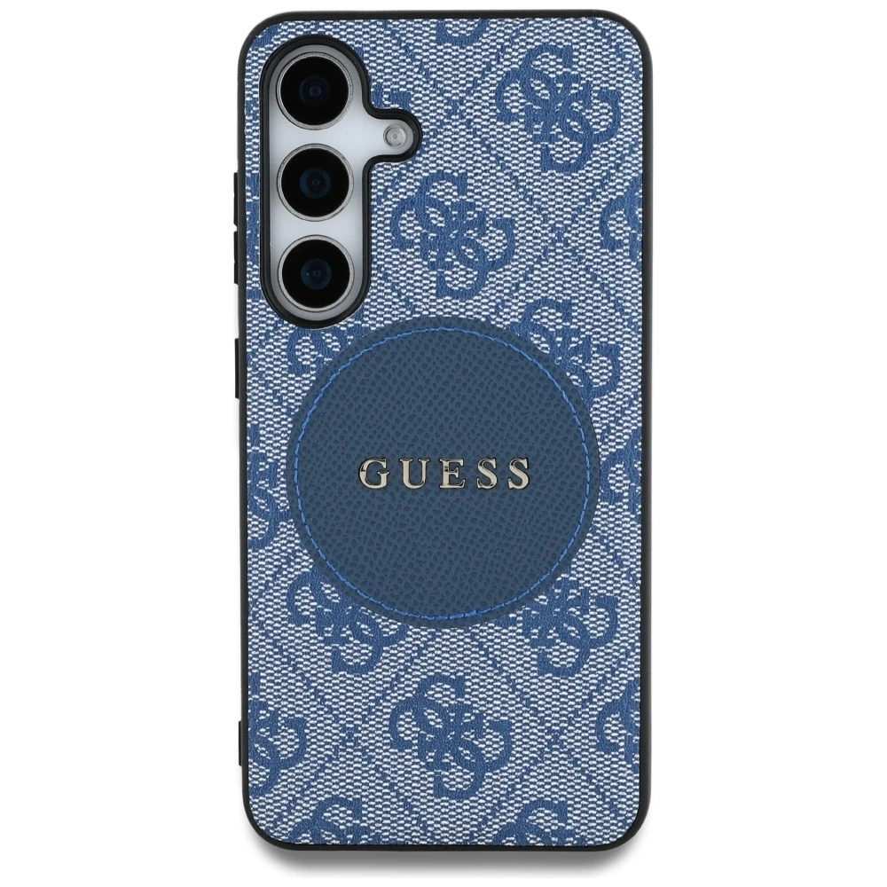 Guess 4G Round Patch Classic Logo MagSafe Samsung Galaxy S25 Plus dėklas telefonui mėlynos spalvos