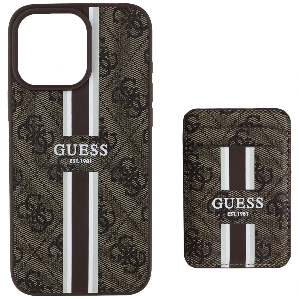 Guess 4G Stripes su portfelem Magsafe Apple iPhone 16 Pro Max dėklas telefonui rudos spalvos