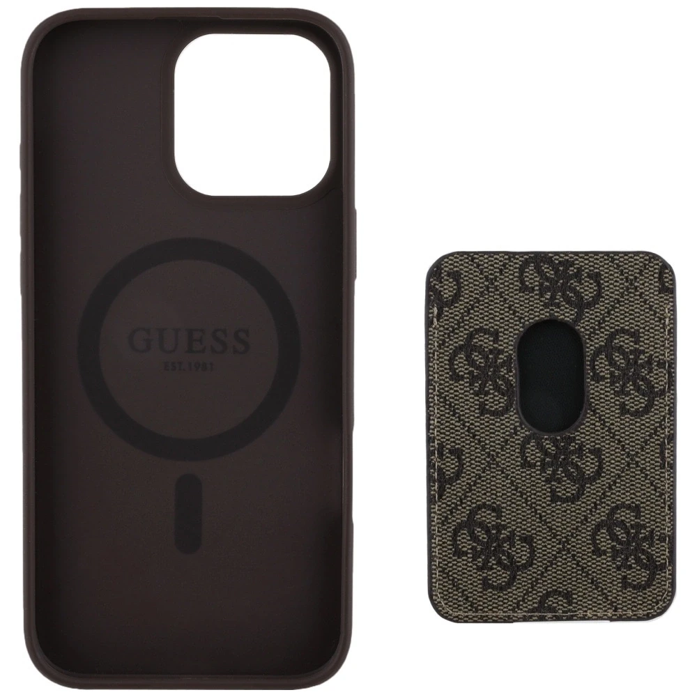 Guess 4G Stripes su portfelem Magsafe Apple iPhone 16 Pro Max dėklas telefonui rudos spalvos