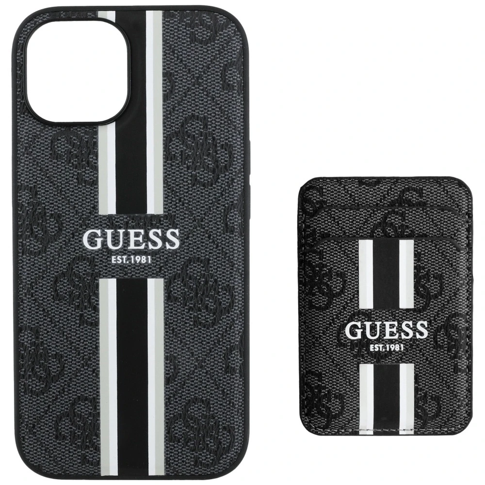 Guess 4G Stripes su portfelem Magsafe Apple iPhone 15 dėklas telefonui juodos spalvos