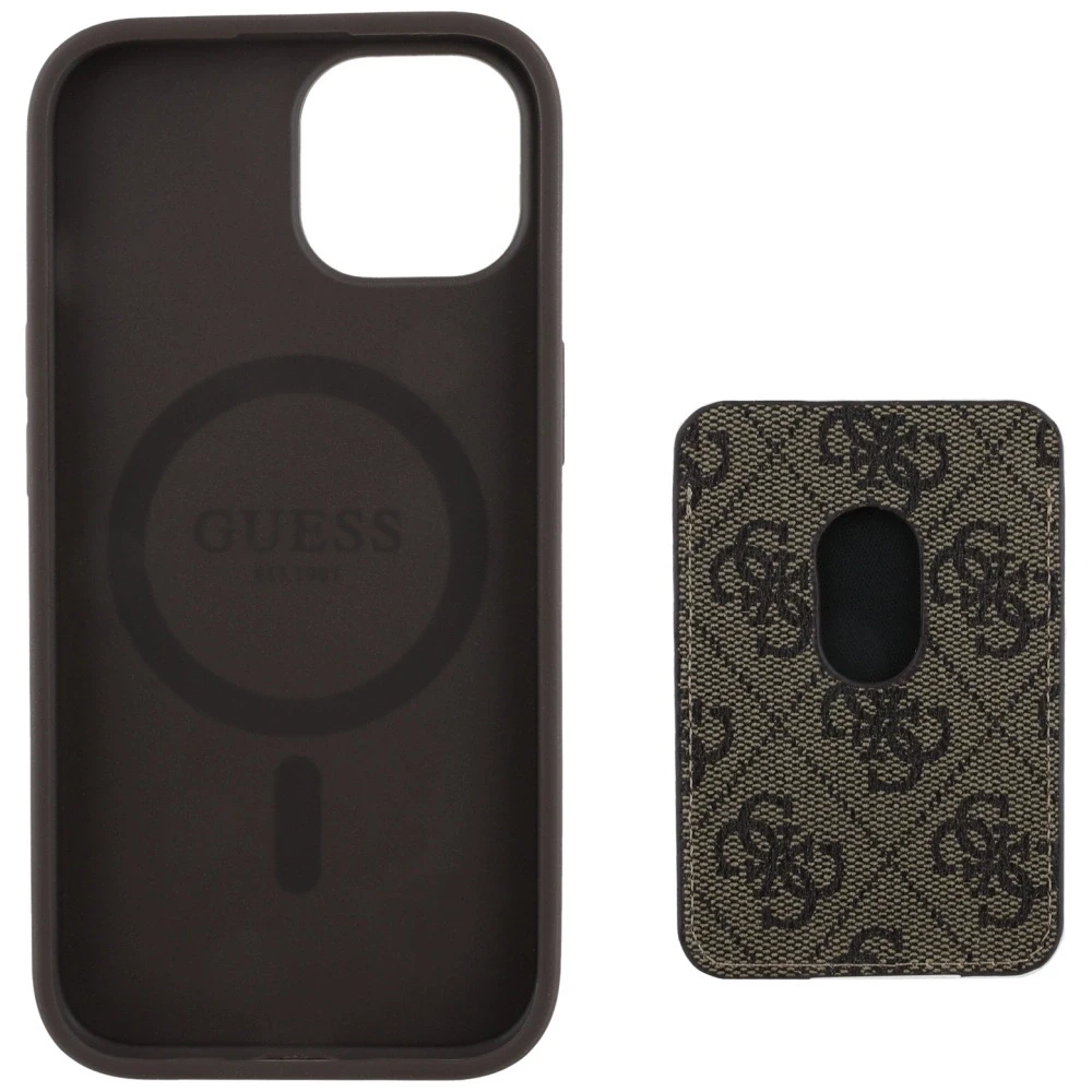 Dėklas Guess 4G Stripes with wallet Magsafe Apple iPhone 15 rudos spalvos