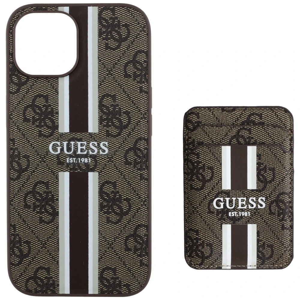 Dėklas Guess 4G Stripes with wallet Magsafe Apple iPhone 15 rudos spalvos
