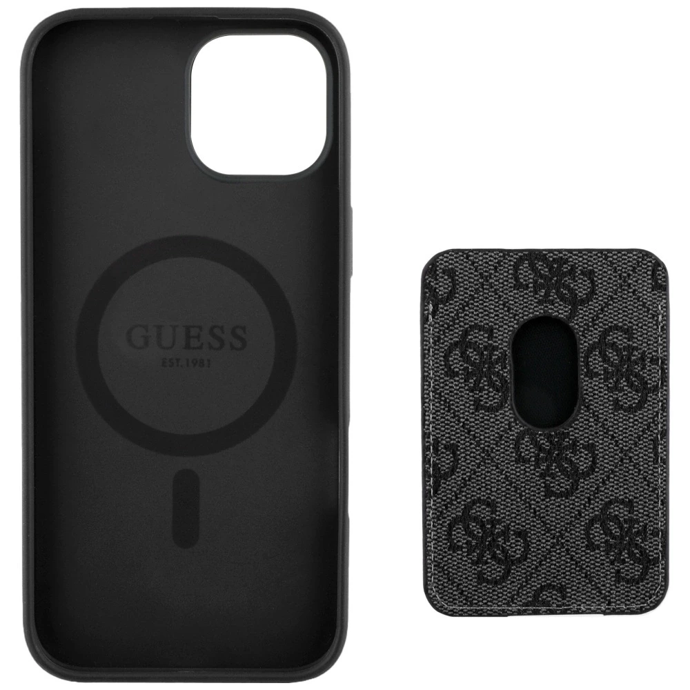 Guess 4G Stripes su portfelem Magsafe Apple iPhone 15 dėklas telefonui juodos spalvos