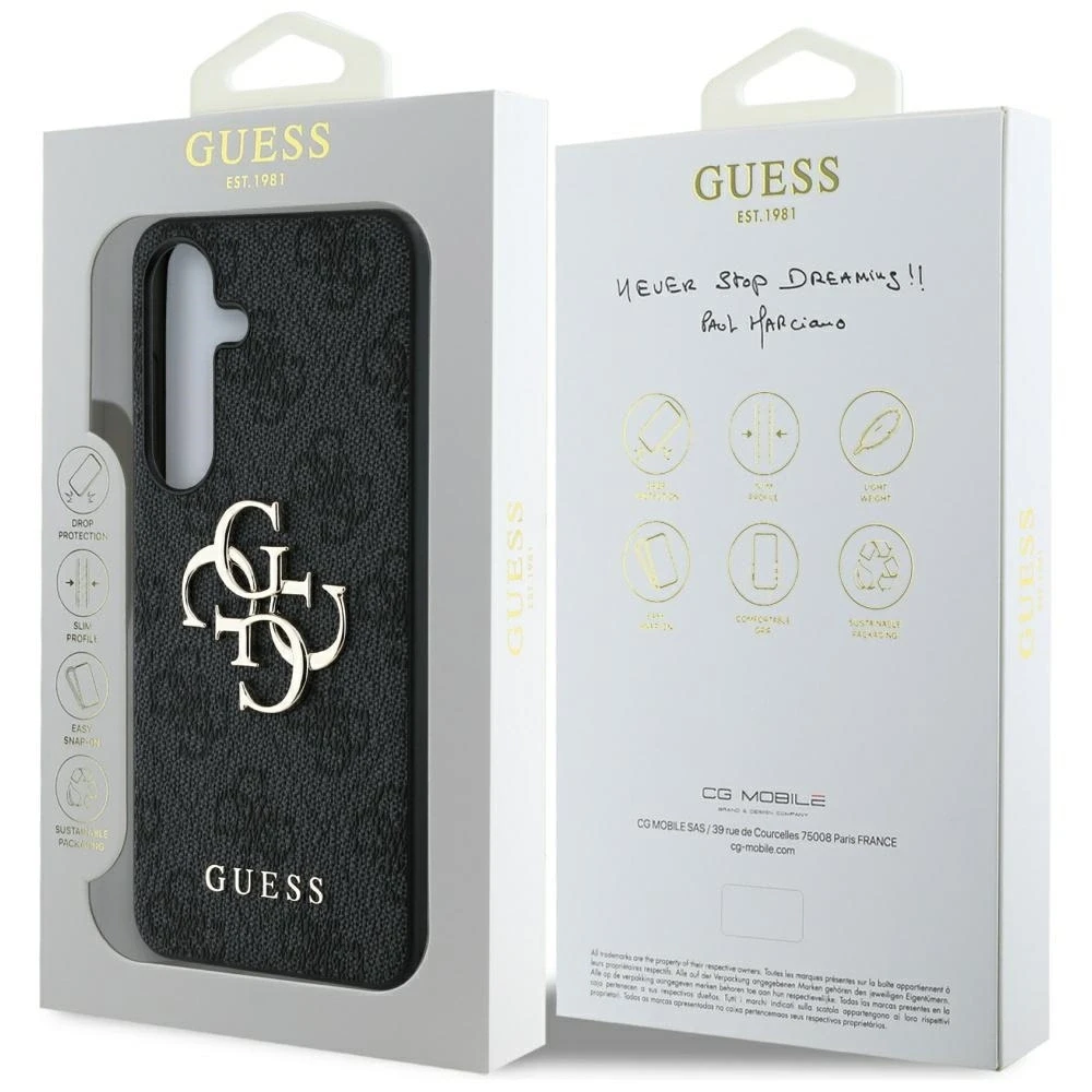 Guess PU 4G Metal Logo dėklas skirtas Samsung Galaxy S25 pilkos spalvos