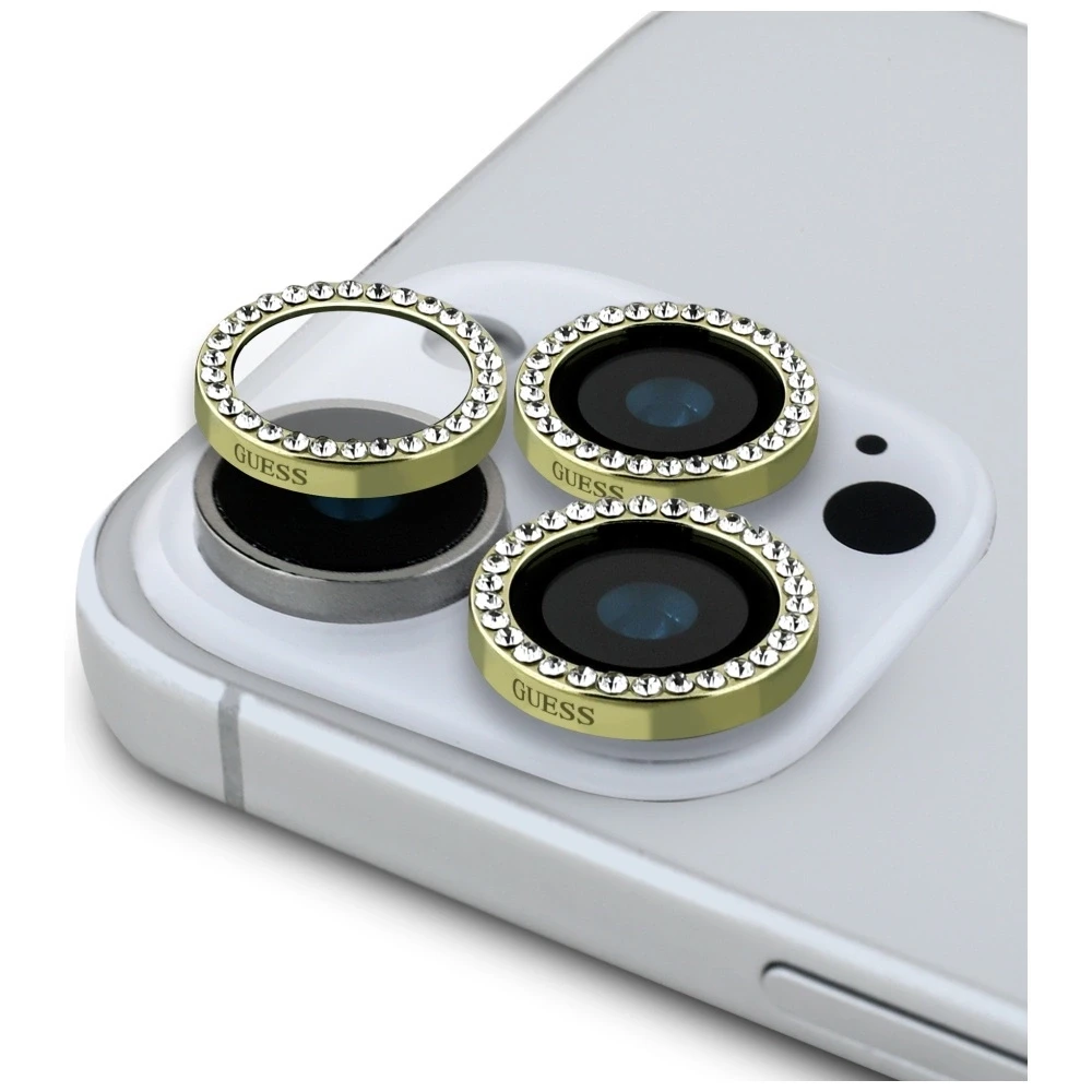 2 viename rinkinys Guess BP Rhinestone ekrano ir kameros objektyvo stiklinis sijonas Apple iPhone 16 Pro Max auksinis