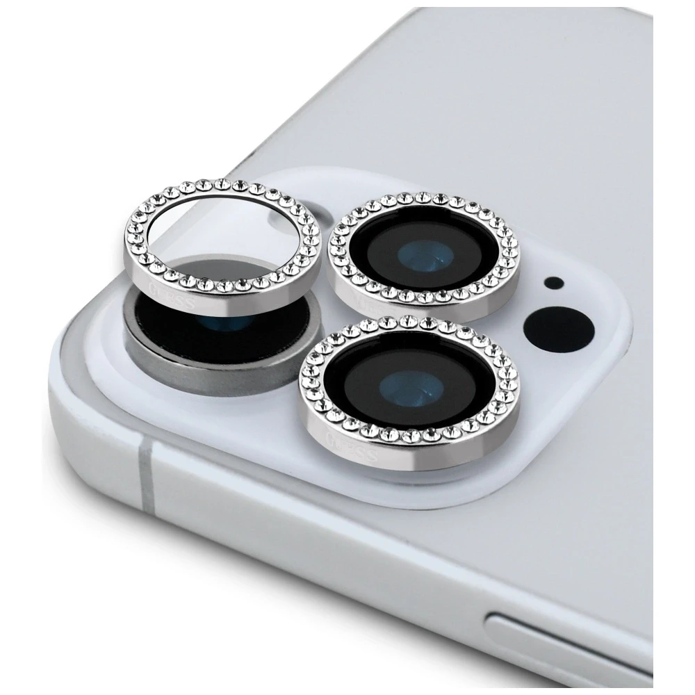 Komplektas 2 viename Guess BP Rhinestone ekrano ir kameros objektyvo stiklinis sijonas Apple iPhone 16 Pro Max sidabrinis