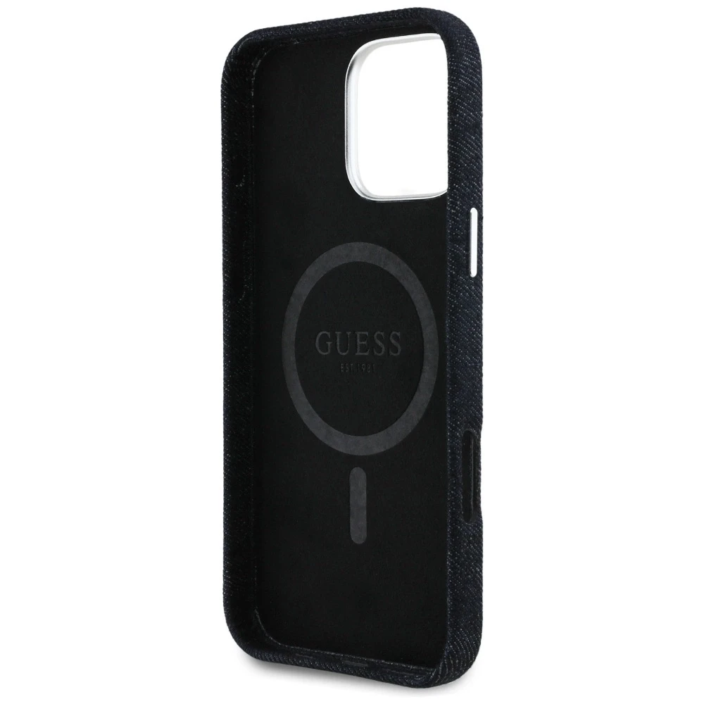 Dėklas Guess Denim Triangle Logo MagSafe Apple iPhone 16 Pro juodos spalvos