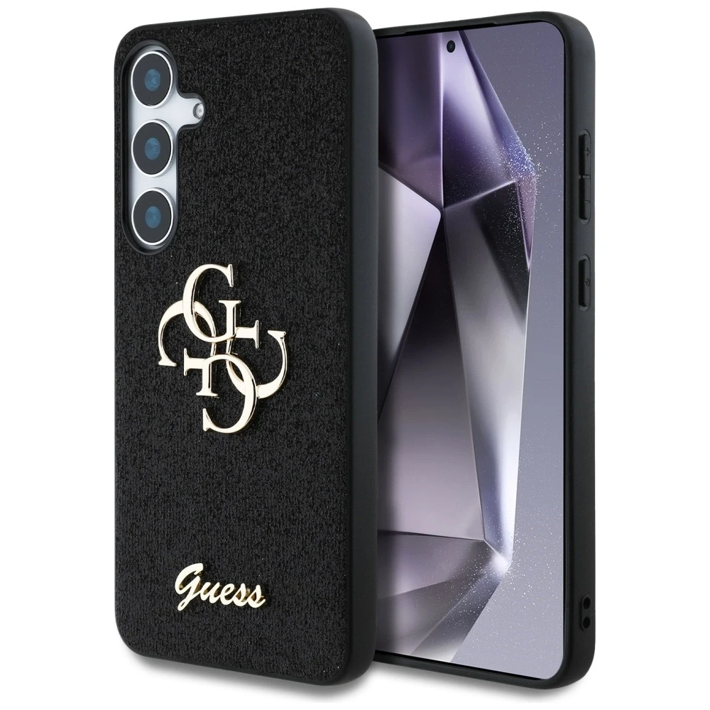 Guess PU Fixed Glitter 4G Metal Logo dėklas skirtas Samsung Galaxy S25 juodos spalvos