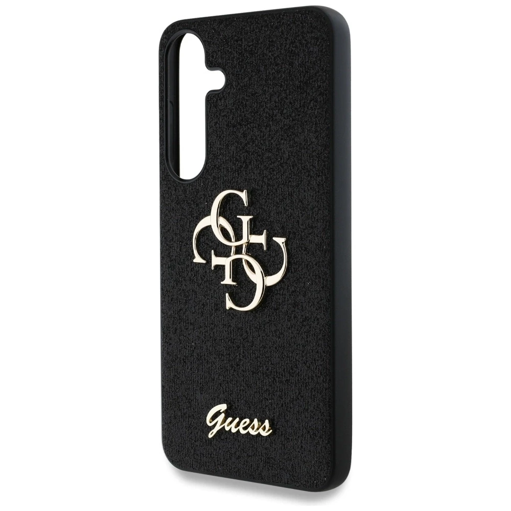 Guess PU Fixed Glitter 4G Metal Logo dėklas skirtas Samsung Galaxy S25 juodos spalvos