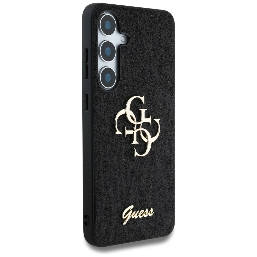 Guess PU Fixed Glitter 4G Metal Logo dėklas skirtas Samsung Galaxy S25 juodos spalvos