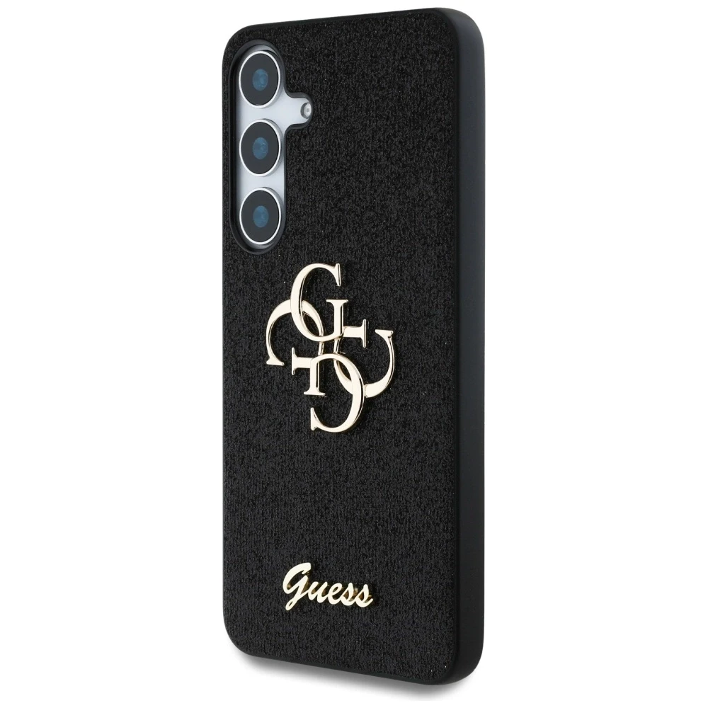 Guess PU Fixed Glitter 4G Metal Logo dėklas skirtas Samsung Galaxy S25 juodos spalvos