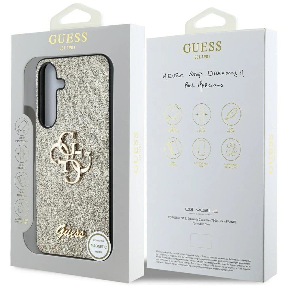 Guess Fixed Glitter Big 4G Metal Logo Samsung Galaxy S25 Plus dėklas telefonui auksos spalvos