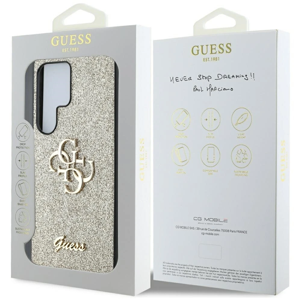 GUESS dėklas skirtas Samsung Galaxy S25 Ultra GUHCS25LHG4SGD (Fixed Glitter Big 4G) aukso spalvos